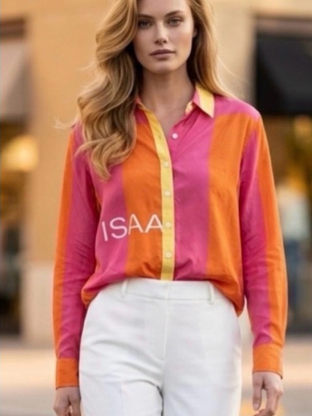 Isaac Mizrahi Colorblock Button-Up Shirt 100% Silk in size small